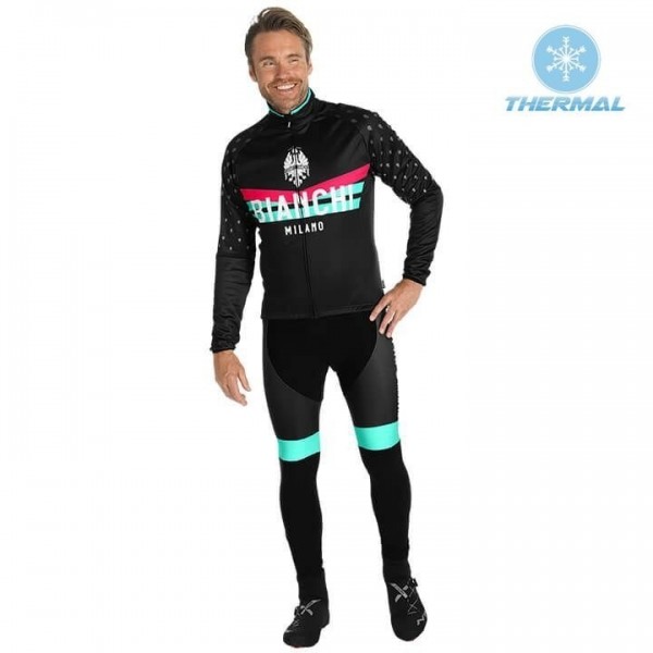 2019 Bianchi Milano PB zwart Thermo Wielerkleding Set Wielershirts lange mouw+fietsbroek lang met QFIQ525